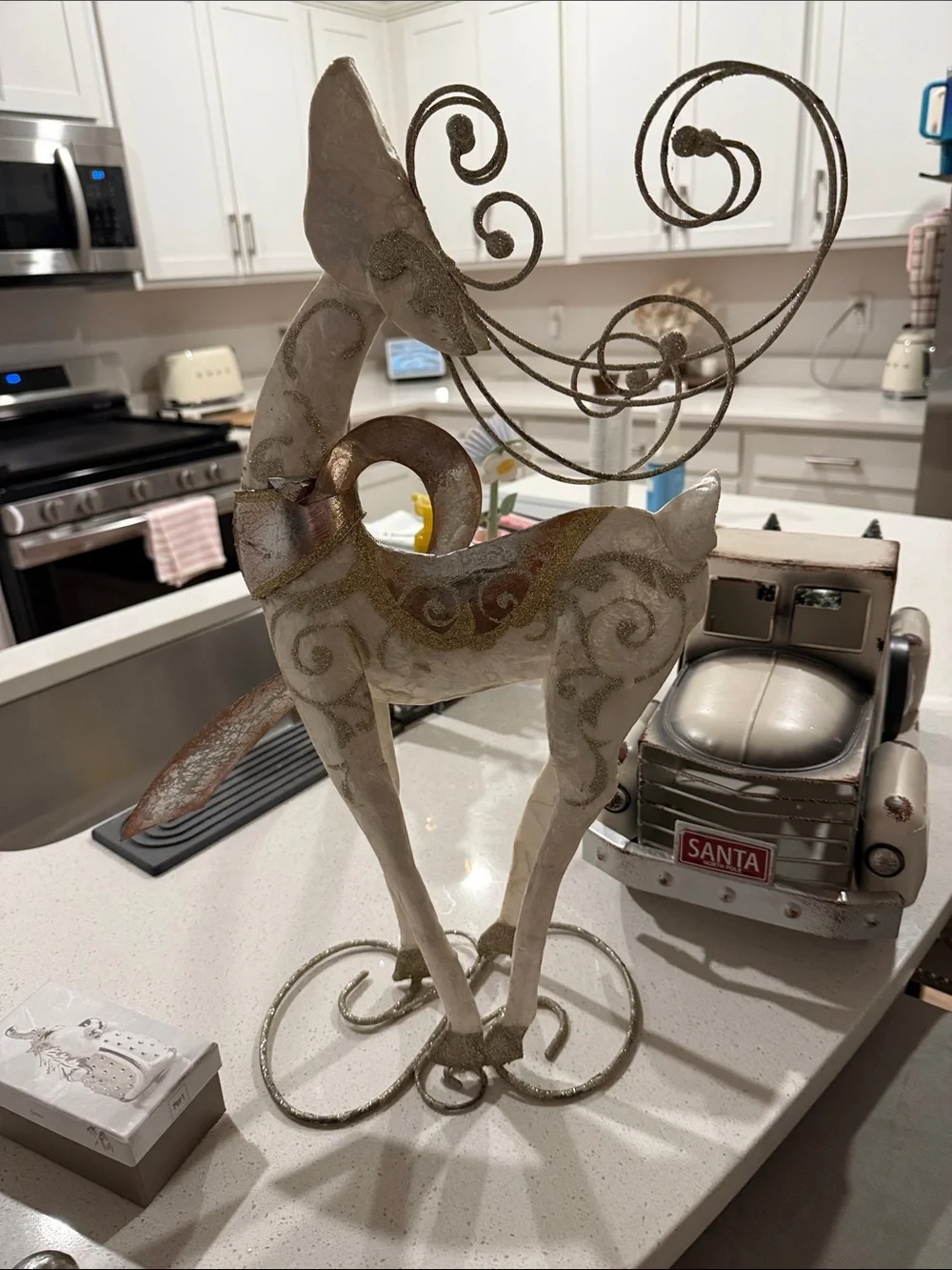 Pier 1 Large Glittered Cream & Gold Decorative Reindeer Statue